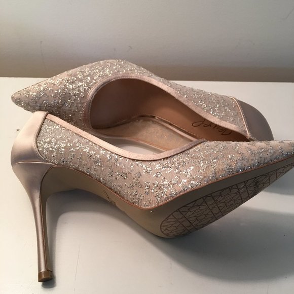 New!  Jewel BADGLEY MISCHKA Champagne Satin w/Glitter Mesh High Heels 8.5M - Picture 5 of 6